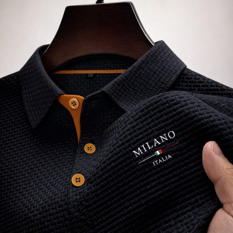 Men's textured polo shirt featuring a Milano button placket, designed for a classic fit and stylish comfort. 0